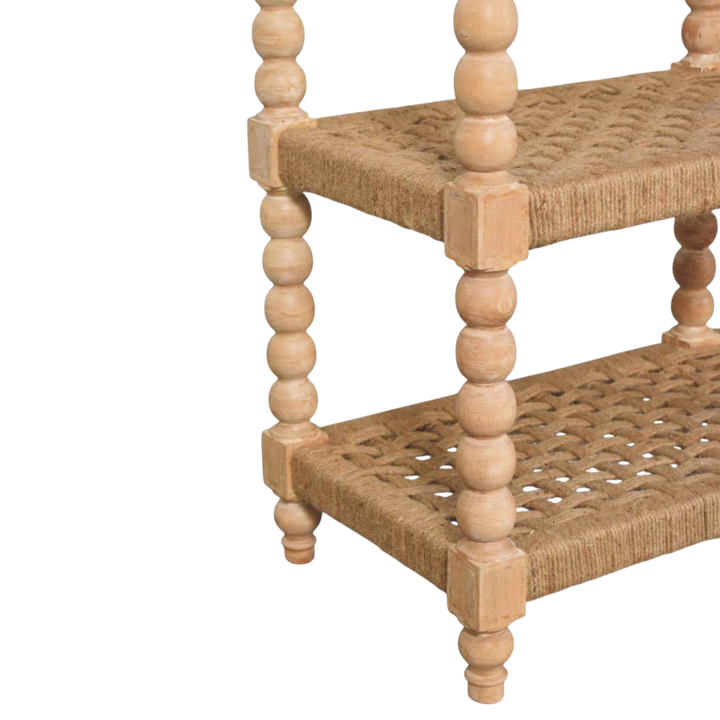 Close view of the bobbin turning on the Langham Woven-Shelf Console Table in Driftwood.