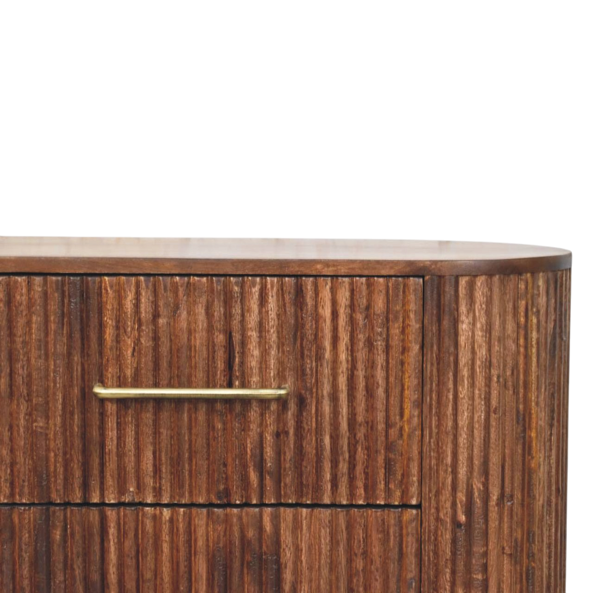 Close view of the brass hardware on the Lansdowne 6-Drawer Chest in Almond.