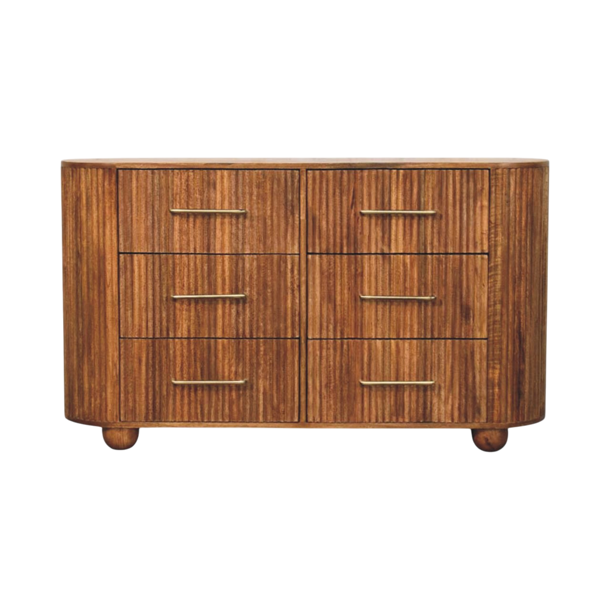 Lansdowne 6-Drawer Chest in Amber, front view. Solid hardwood throughout in an amber finish, six drawers with ribbed fronts and brass handles.