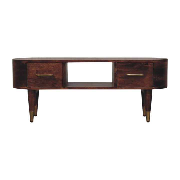 Lansdowne Curved Media Unit in Almond, front view. Solid hardwood throughout in a roasted almond finish, rounded ends.