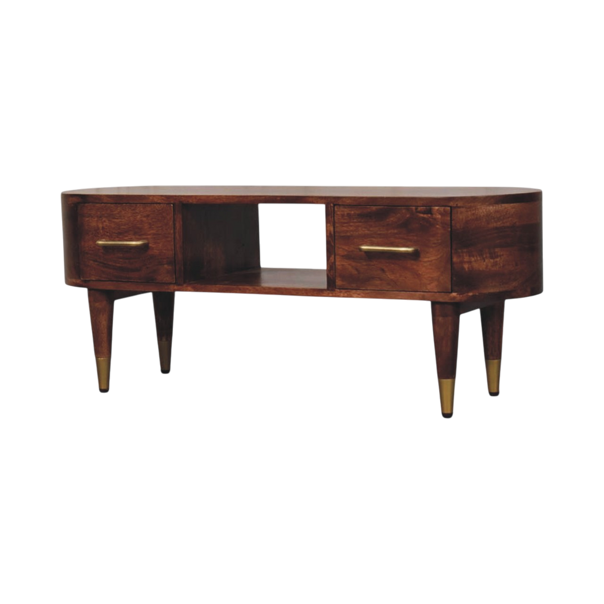 Lansdowne Curved Media Unit in Almond, three-quarter view showing the full profile.