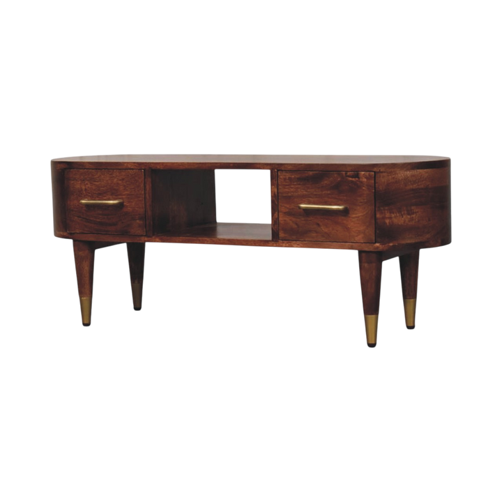 Lansdowne Curved Media Unit in Almond, three-quarter view showing the full profile.