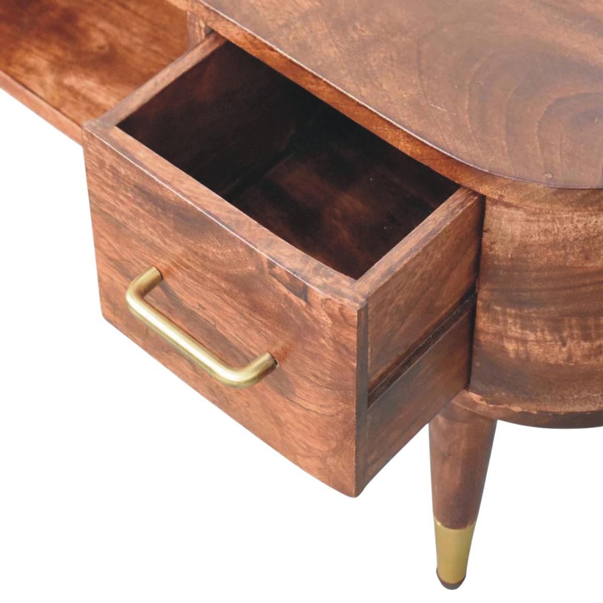 Lansdowne Curved Media Unit in Almond, shown with a drawer open.