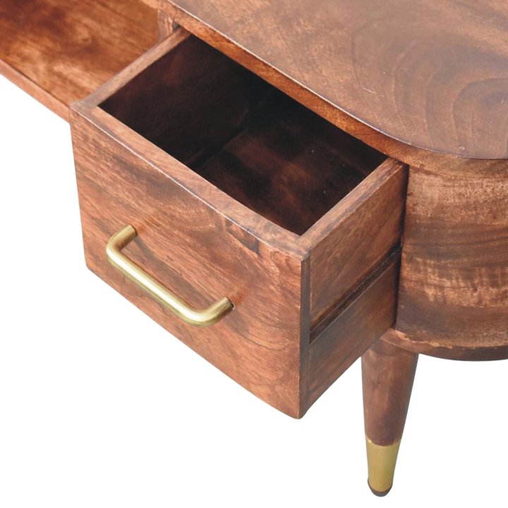 Lansdowne Curved Media Unit in Almond, shown with a drawer open.