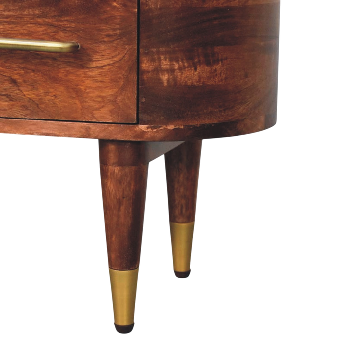 Close view of the feet on the Lansdowne Curved Media Unit in Almond.