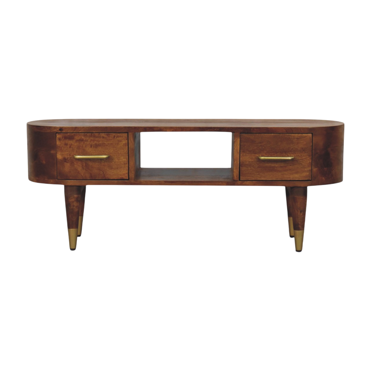 Lansdowne Media Unit in Chestnut, front view. Solid hardwood throughout in a chestnut finish, curved silhouette.