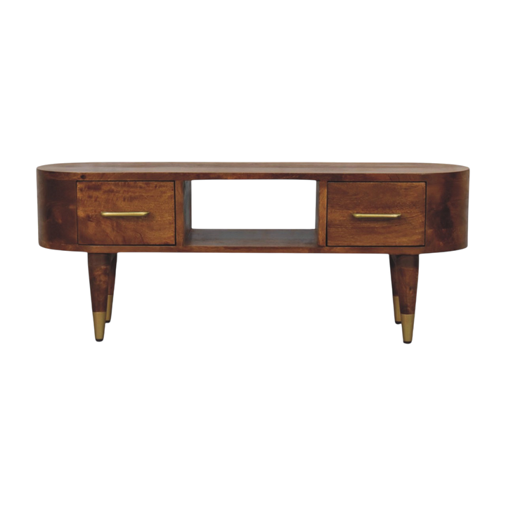 Lansdowne Media Unit in Chestnut, front view. Solid hardwood throughout in a chestnut finish, curved silhouette.