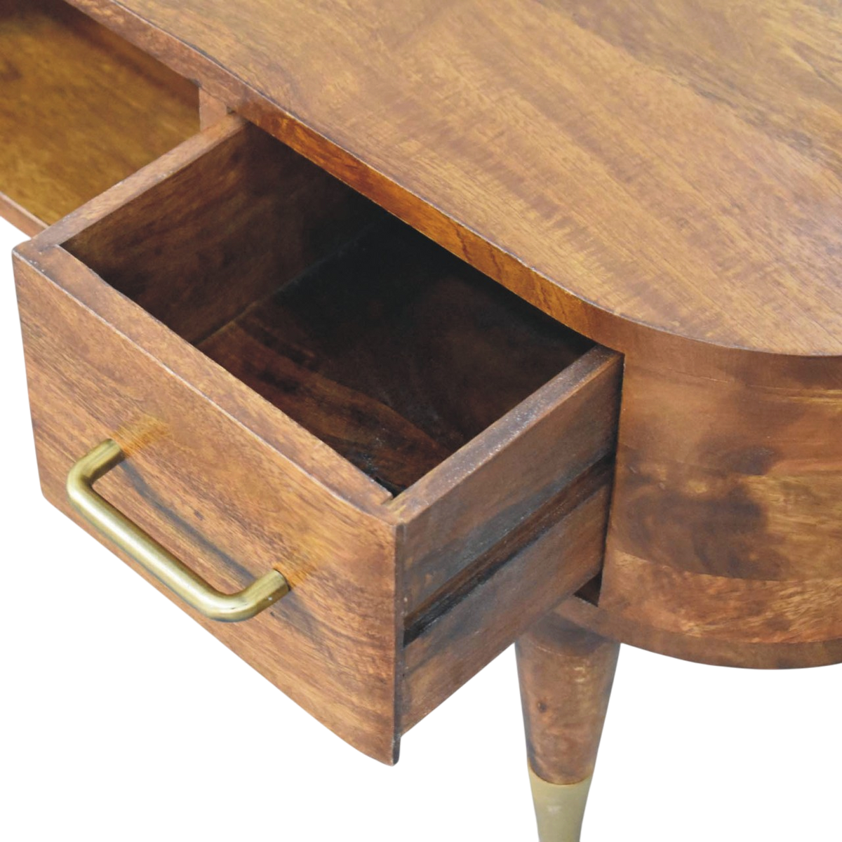 Lansdowne Media Unit in Chestnut, shown with a drawer open.