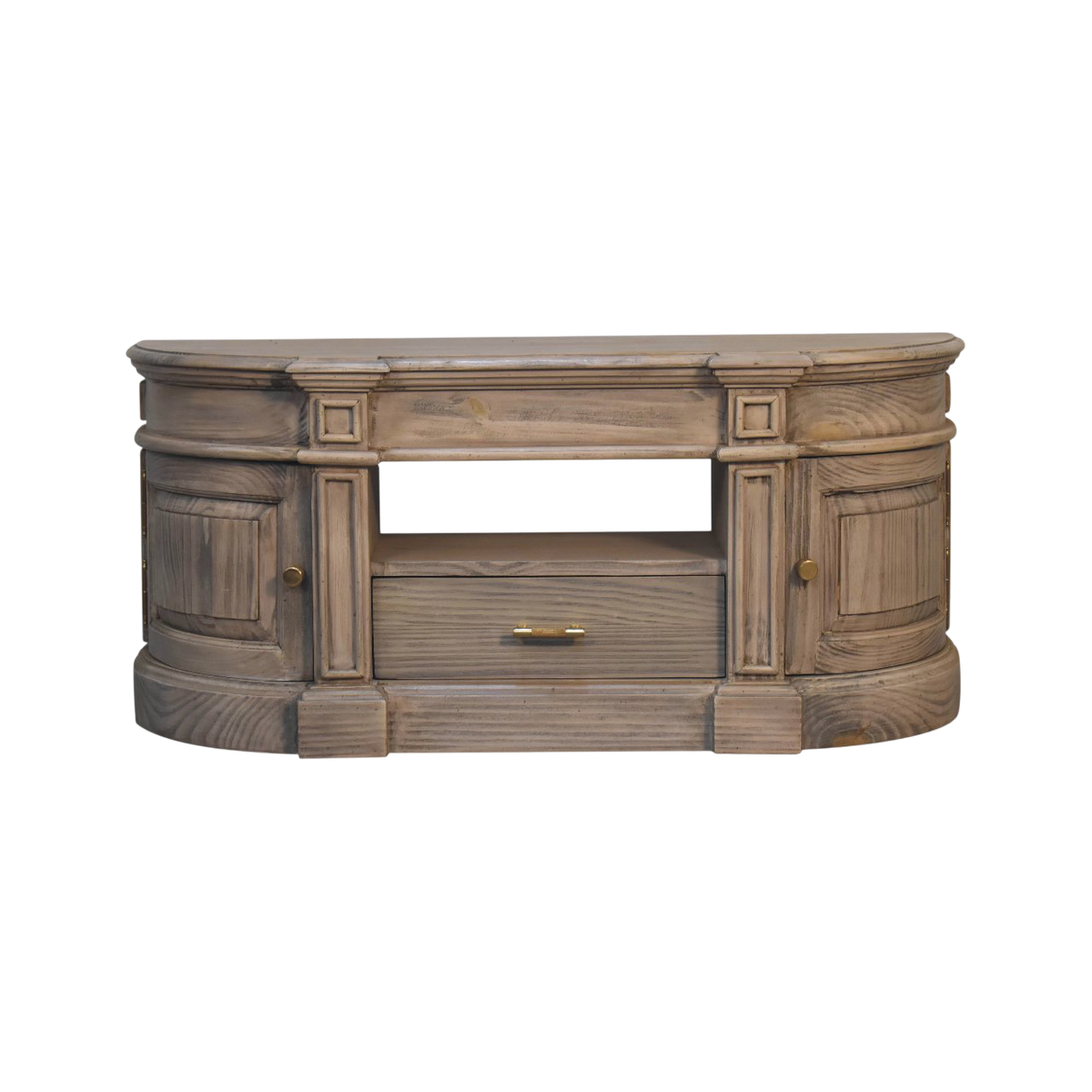 Lansdowne Media Unit in Driftwood, front view. Weathered driftwood finish with a curved front and brass hardware.