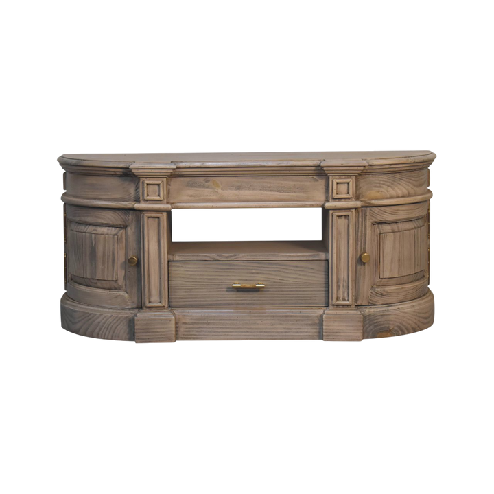 Lansdowne Media Unit in Driftwood, front view. Weathered driftwood finish with a curved front and brass hardware.
