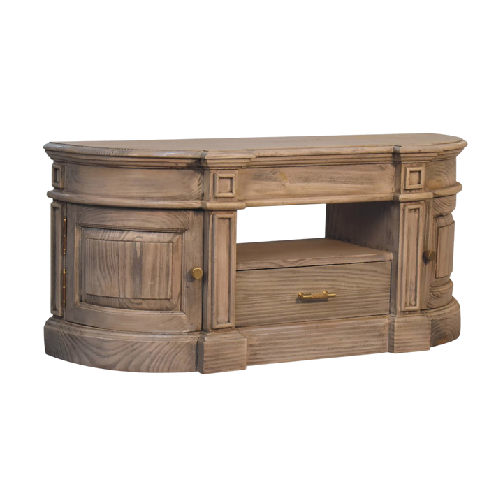Lansdowne Media Unit in Driftwood, three-quarter view showing the full profile.