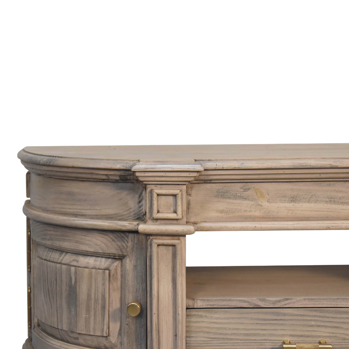 Close view of the hand-carved frame on the Lansdowne Media Unit in Driftwood.