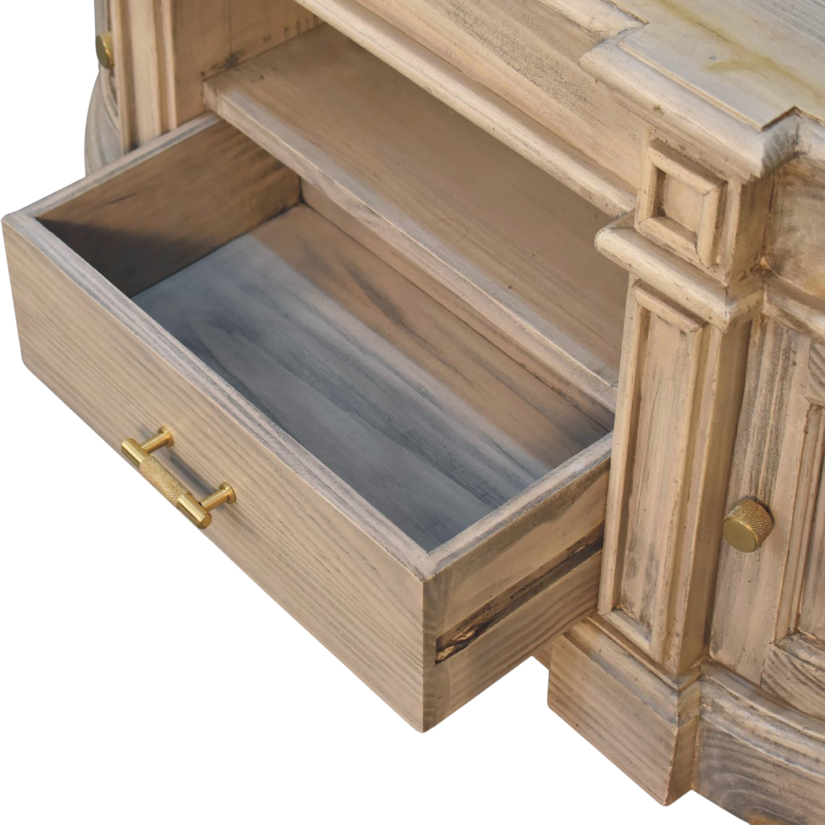 Lansdowne Media Unit in Driftwood, shown with a drawer open.