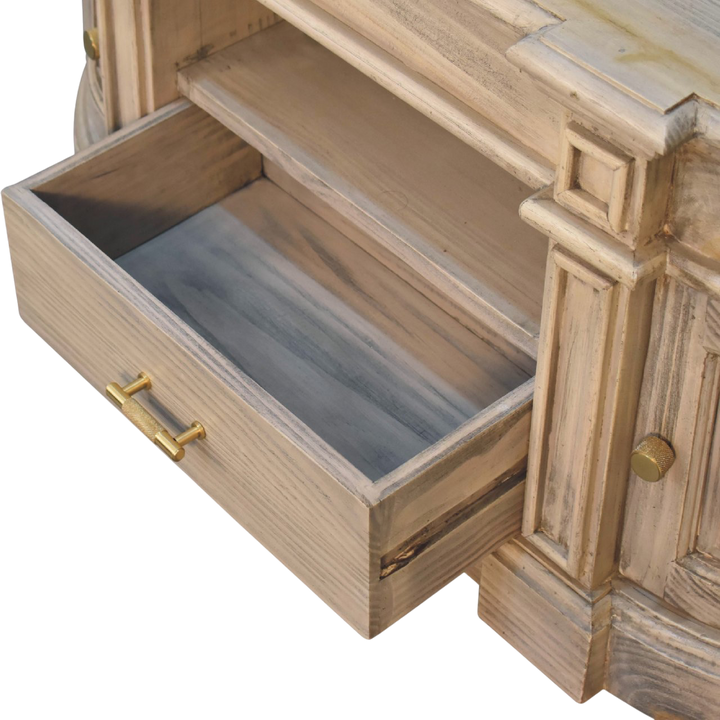 Lansdowne Media Unit in Driftwood, shown with a drawer open.