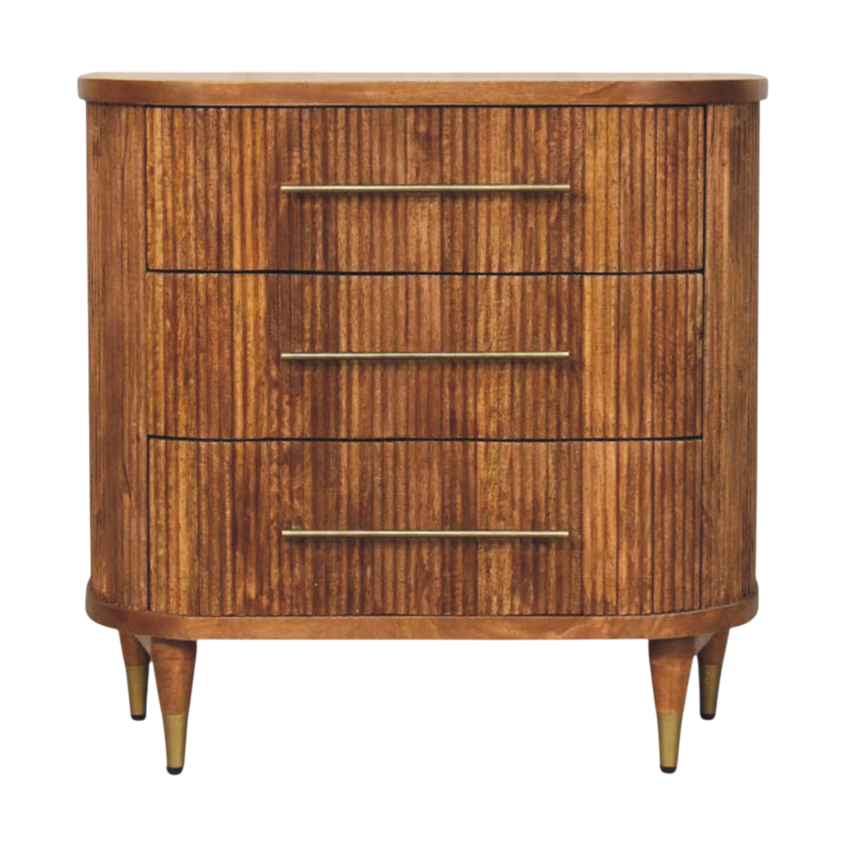 Lansdowne Ribbed 3-Drawer Chest in Amber, front view. 100% solid hardwood in a warm amber finish, vertical ribbed drawer fronts, curved sides, three drawers.