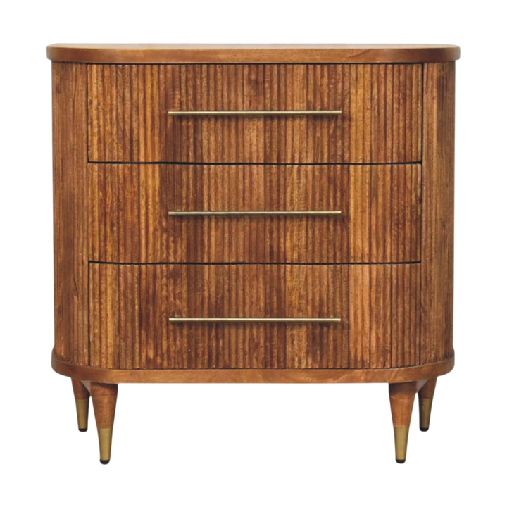 Lansdowne Ribbed 3-Drawer Chest in Amber, front view. 100% solid hardwood in a warm amber finish, vertical ribbed drawer fronts, curved sides, three drawers.