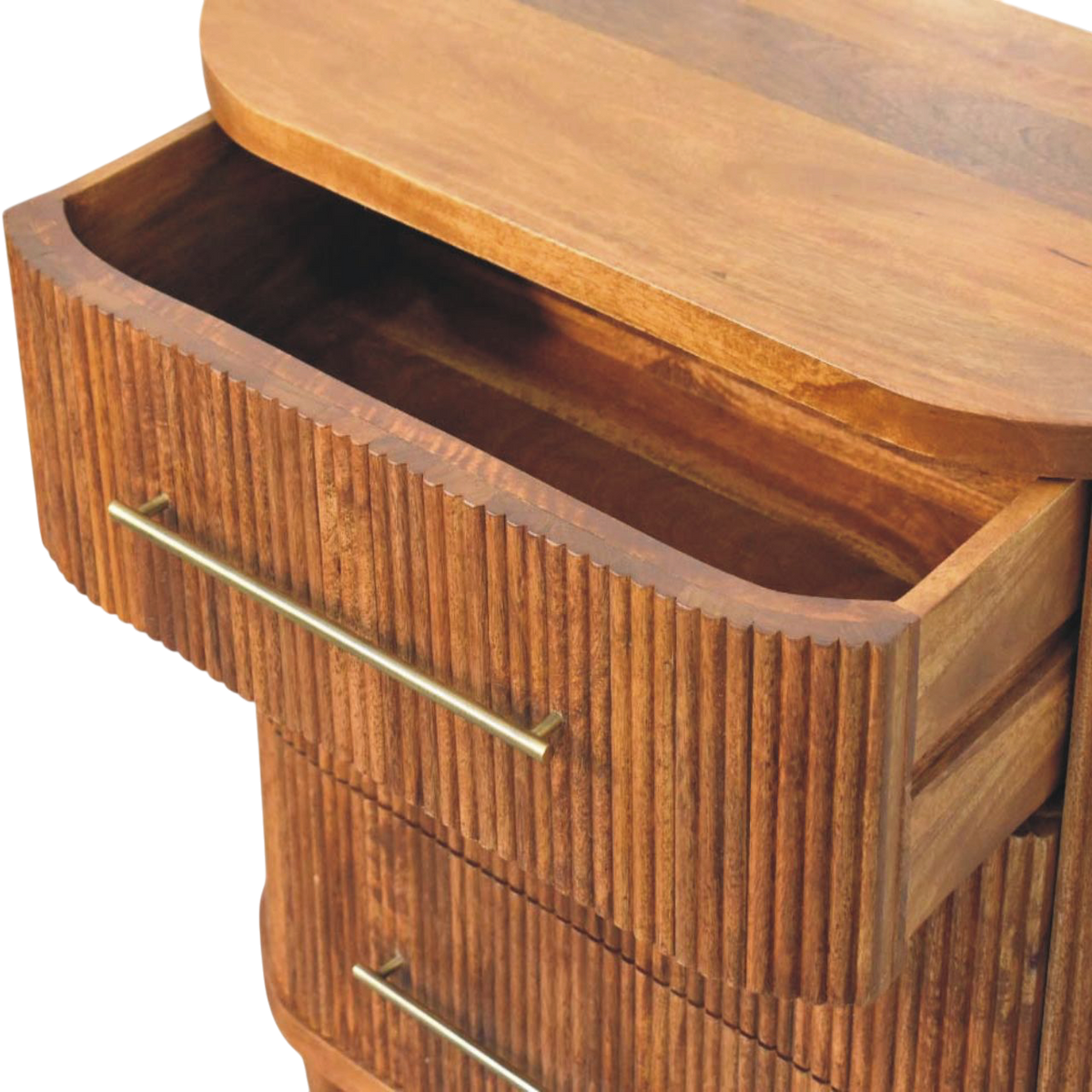 Lansdowne Ribbed 3-Drawer Chest in Amber, shown with a drawer open.