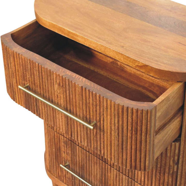 Lansdowne Ribbed 3-Drawer Chest in Amber, shown with a drawer open.