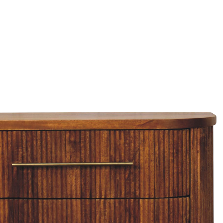 Close view of the brass hardware on the Lansdowne Ribbed 3-Drawer Chest in Amber.