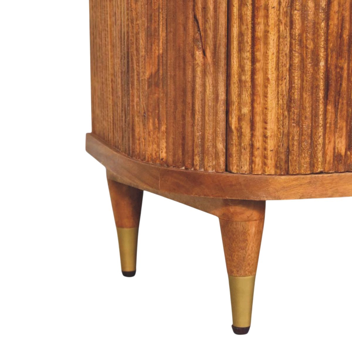 Close view of the legs on the Lansdowne Ribbed 3-Drawer Chest in Amber.