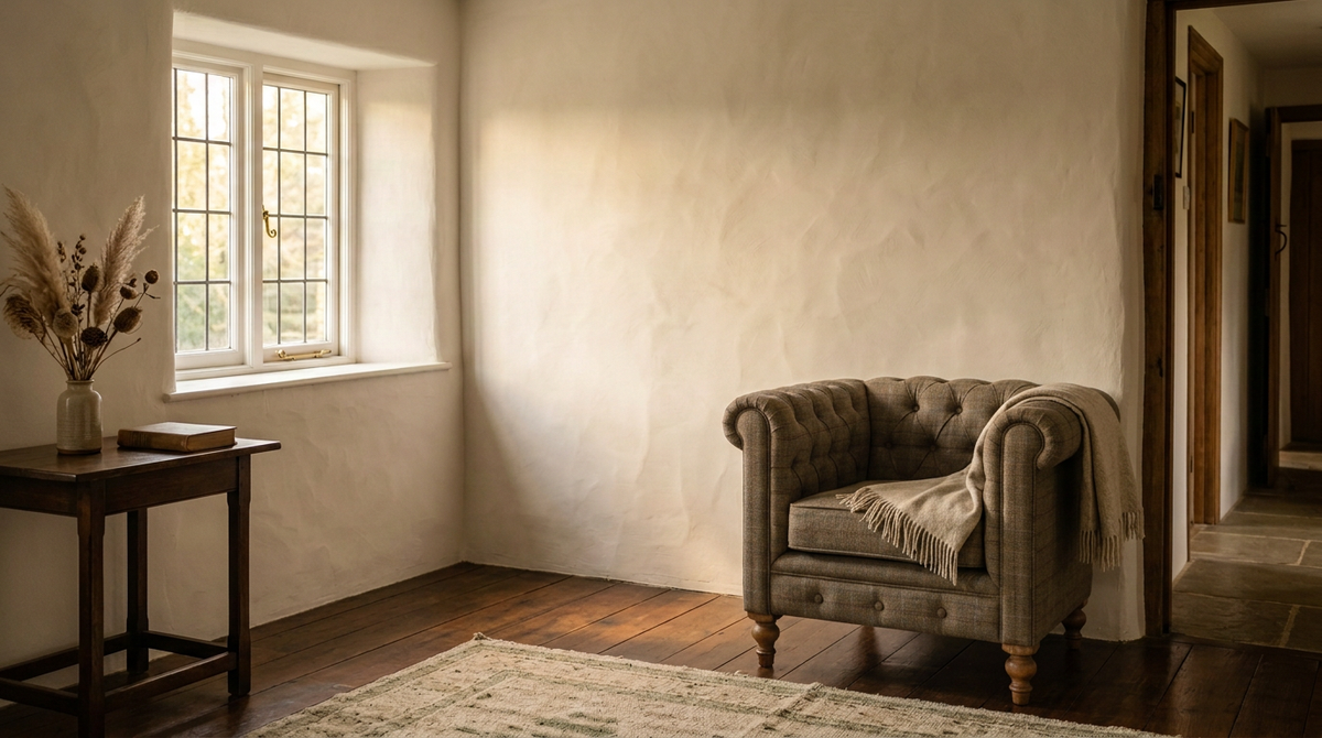 Bramley House living room: a tufted armchair with a fringed throw over one arm beside a dark wood side table, below a multi-pane window on limewashed plaster walls.