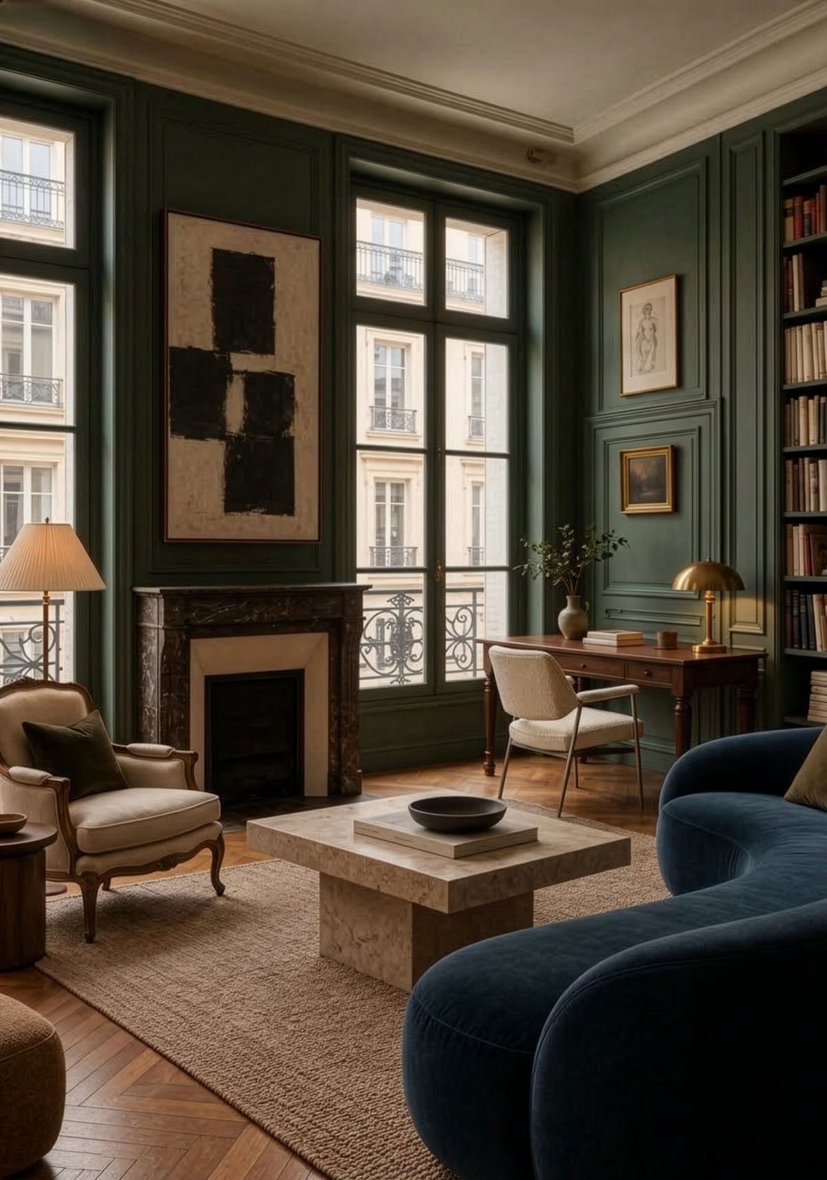Bramley House living room: a curved navy velvet sofa and carved bergere armchair beside a marble fireplace, with a travertine coffee table, built-in bookshelves and tall windows over a Parisian balcony.