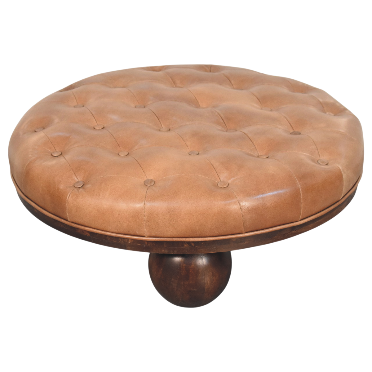Lucca Round Leather Coffee Table in Burnt Caramel, three-quarter view showing the full profile.
