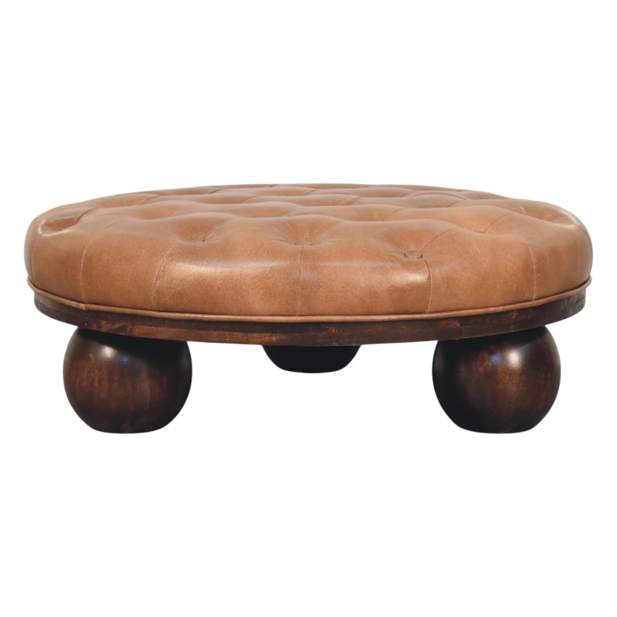 Lucca Round Leather Coffee Table in Burnt Caramel, side view showing the depth.