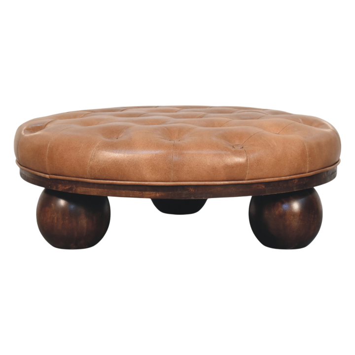 Lucca Round Leather Coffee Table in Burnt Caramel, side view showing the depth.
