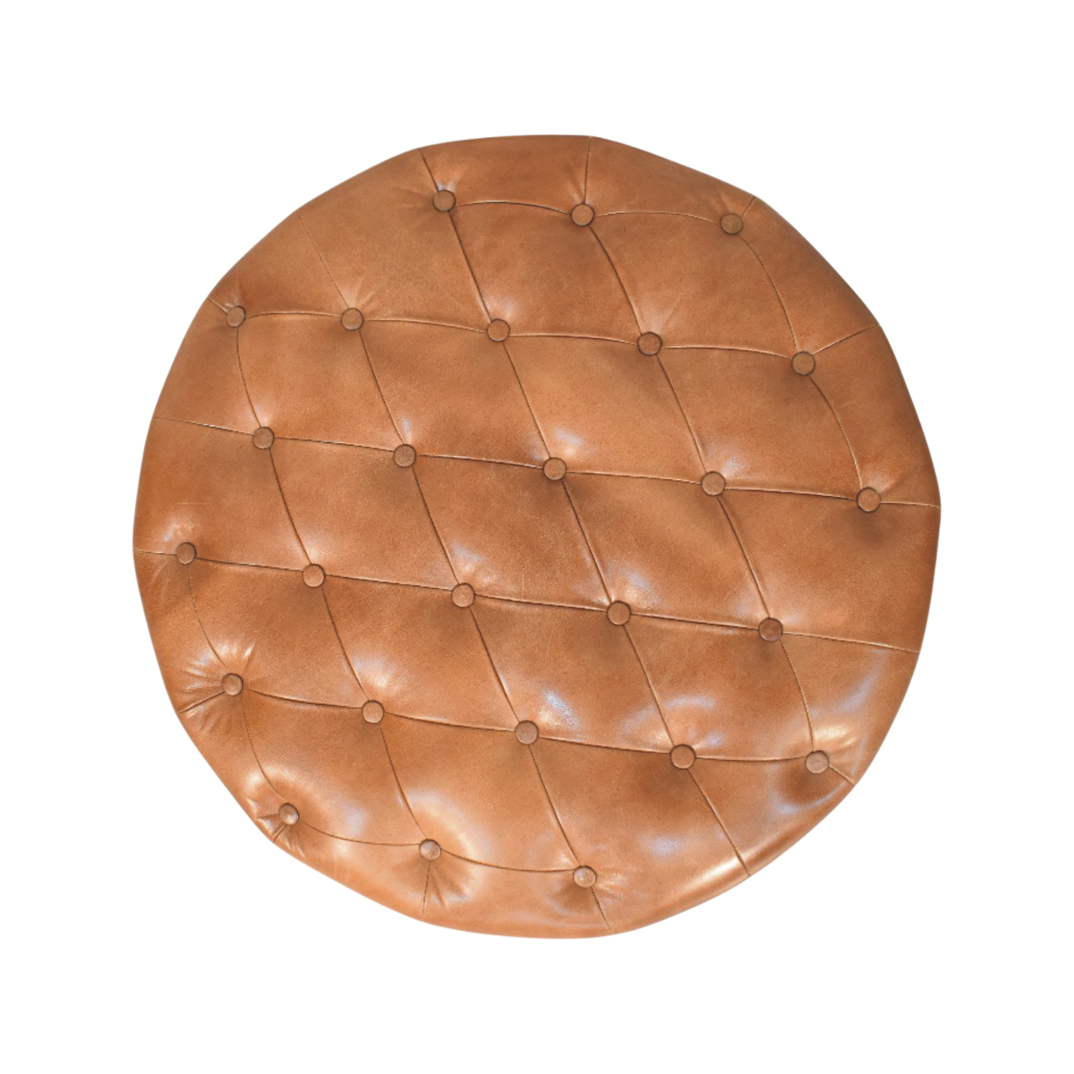 Lucca Round Leather Coffee Table in Burnt Caramel, shown from above.