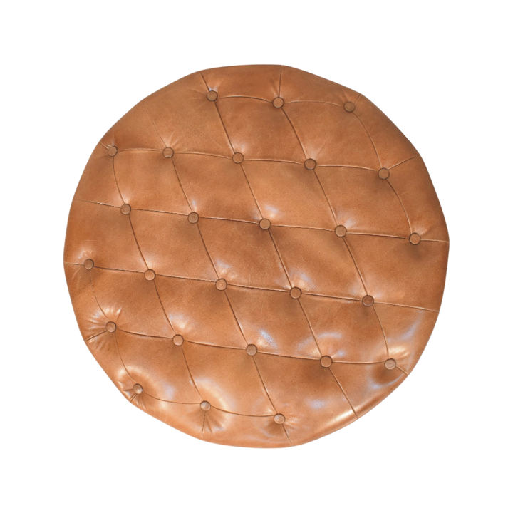 Lucca Round Leather Coffee Table in Burnt Caramel, shown from above.