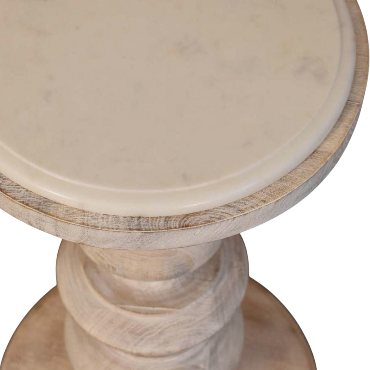 Close view of the grain on the tabletop on the Lucca Table in Salt.