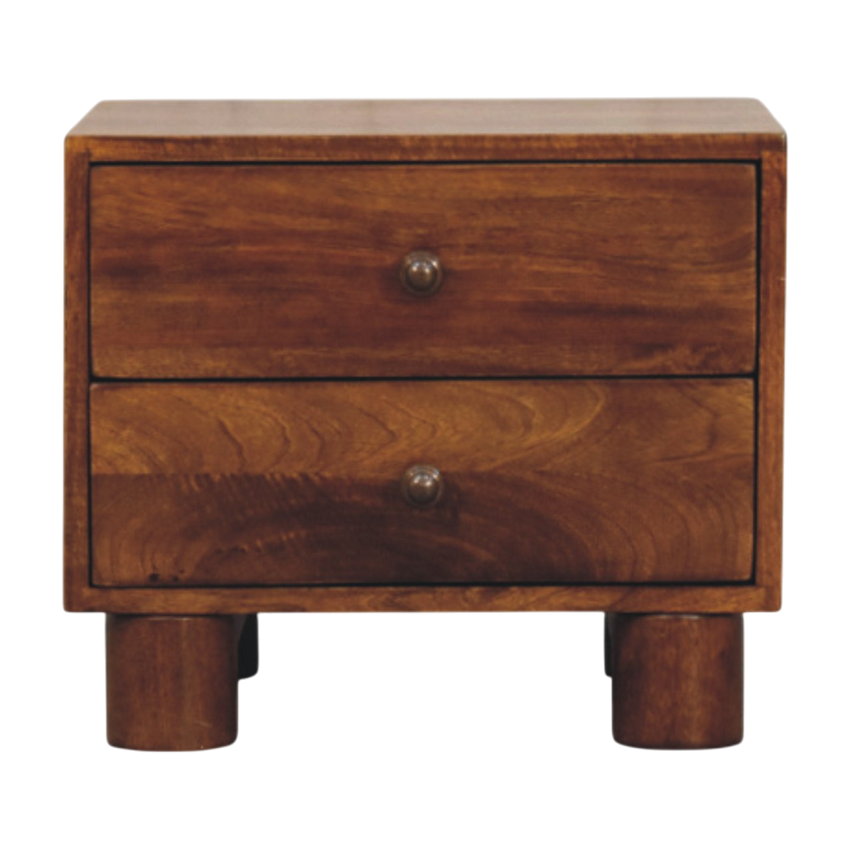 Marlow 2-Drawer Bedside Table in Chestnut, front view. 100% solid hardwood in a chestnut finish, two drawers, round brass knobs, cylindrical block legs.