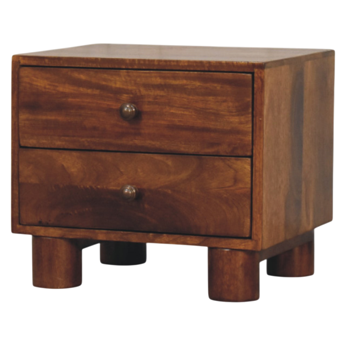 Marlow 2-Drawer Bedside Table in Chestnut, three-quarter view showing the full profile.