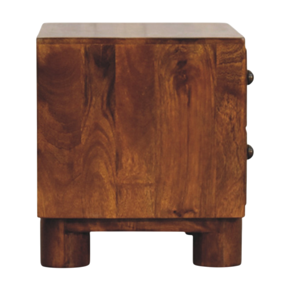 Marlow 2-Drawer Bedside Table in Chestnut, side view showing the depth.