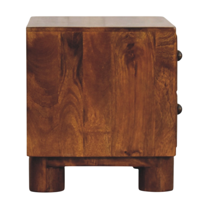 Marlow 2-Drawer Bedside Table in Chestnut, side view showing the depth.