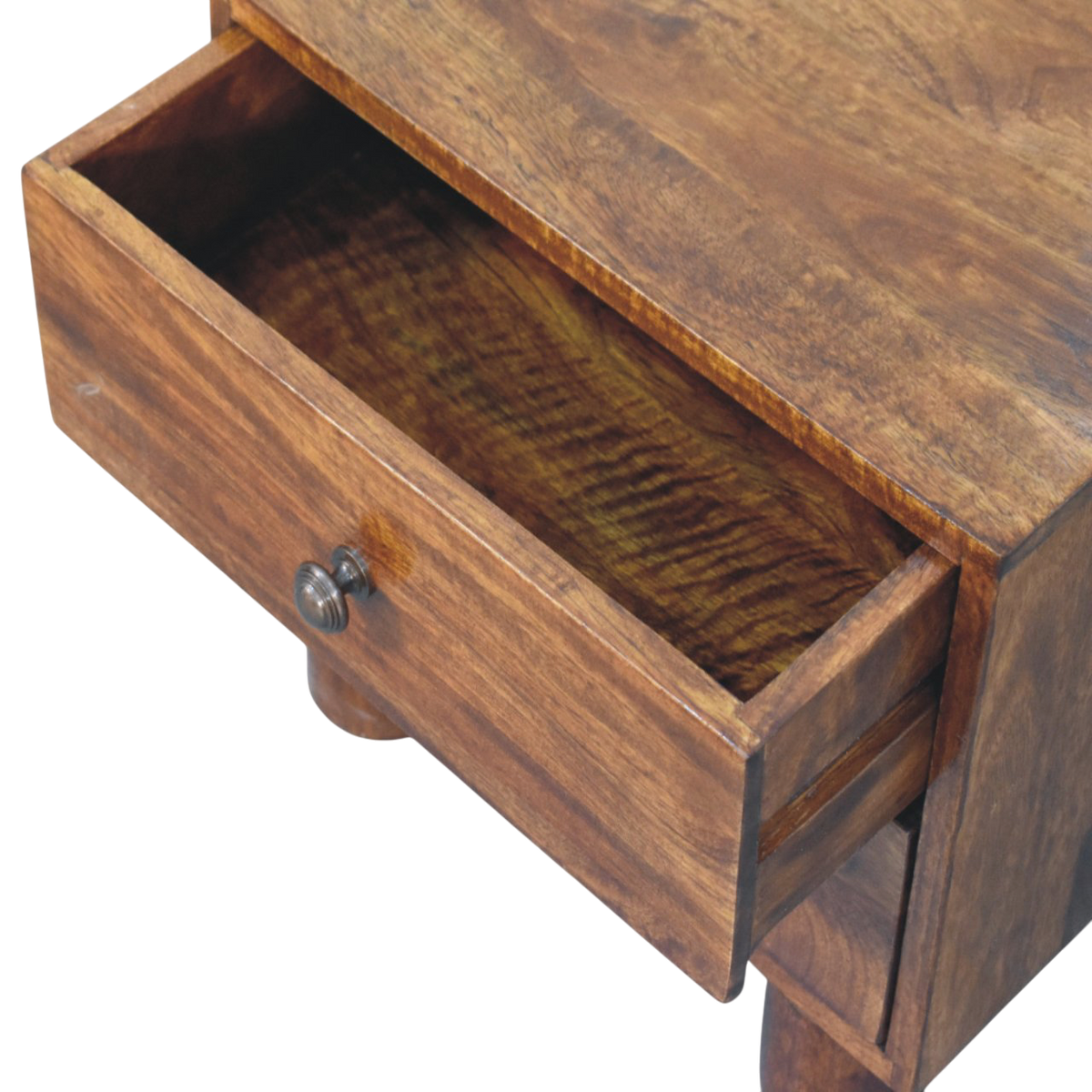 Marlow 2-Drawer Bedside Table in Chestnut, shown with a drawer open.