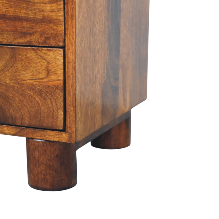 Close view of the feet on the Marlow 2-Drawer Bedside Table in Chestnut.
