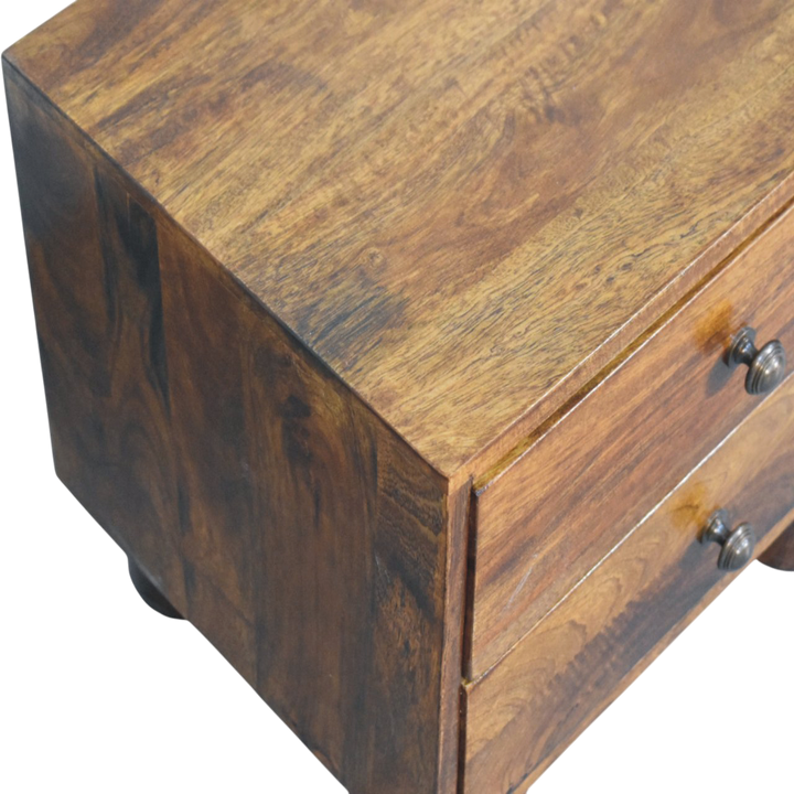Close view of the top on the Marlow 2-Drawer Bedside Table in Chestnut.