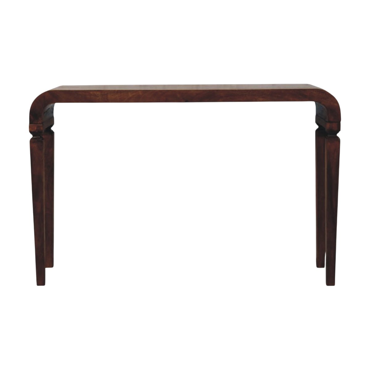 Marlow Curved Console Table in Chestnut, front view. 100% solid hardwood in a chestnut finish, rounded top, open framework.