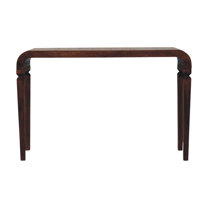 Marlow Curved Console Table in Chestnut, front view. 100% solid hardwood in a chestnut finish, rounded top, open framework.
