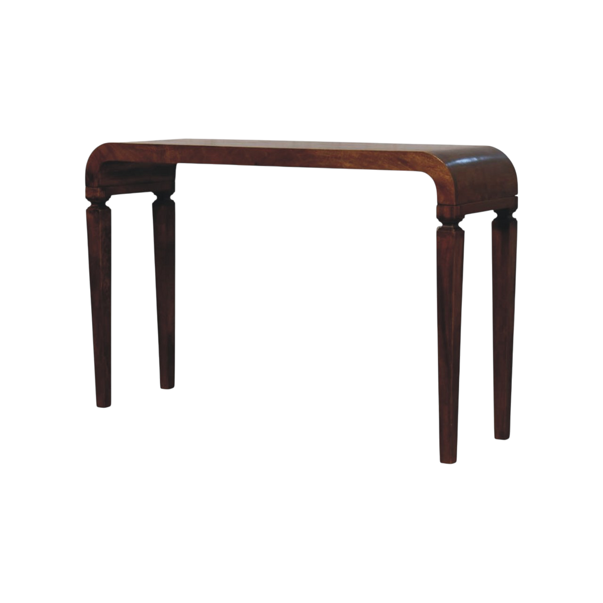 Marlow Curved Console Table in Chestnut, three-quarter view showing the full profile.