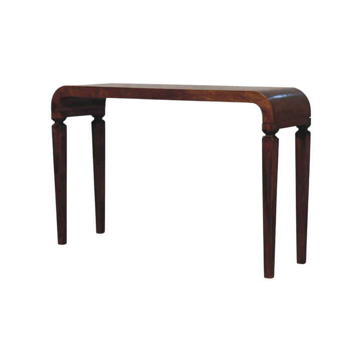 Marlow Curved Console Table in Chestnut, three-quarter view showing the full profile.