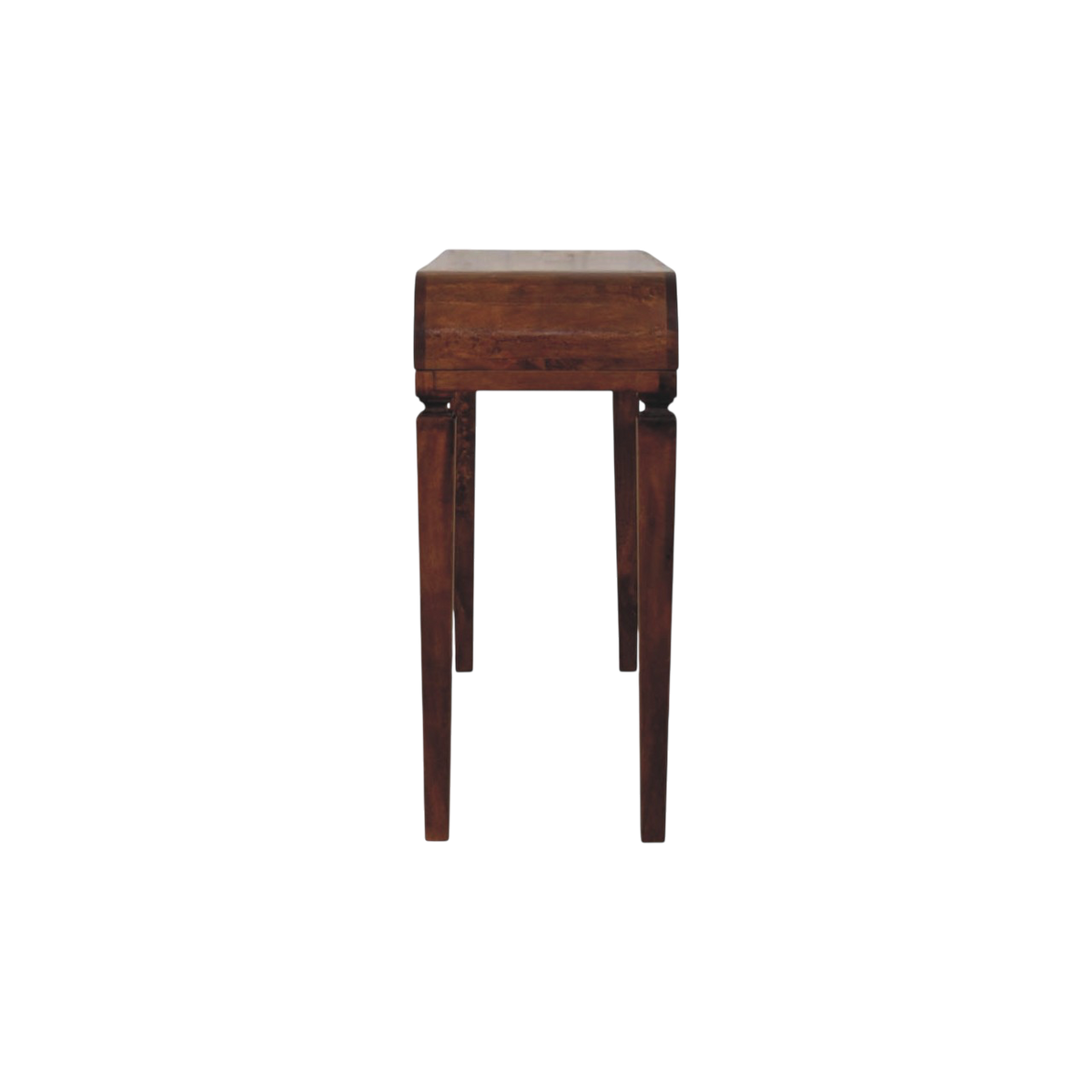 Marlow Curved Console Table in Chestnut, side view showing the depth.