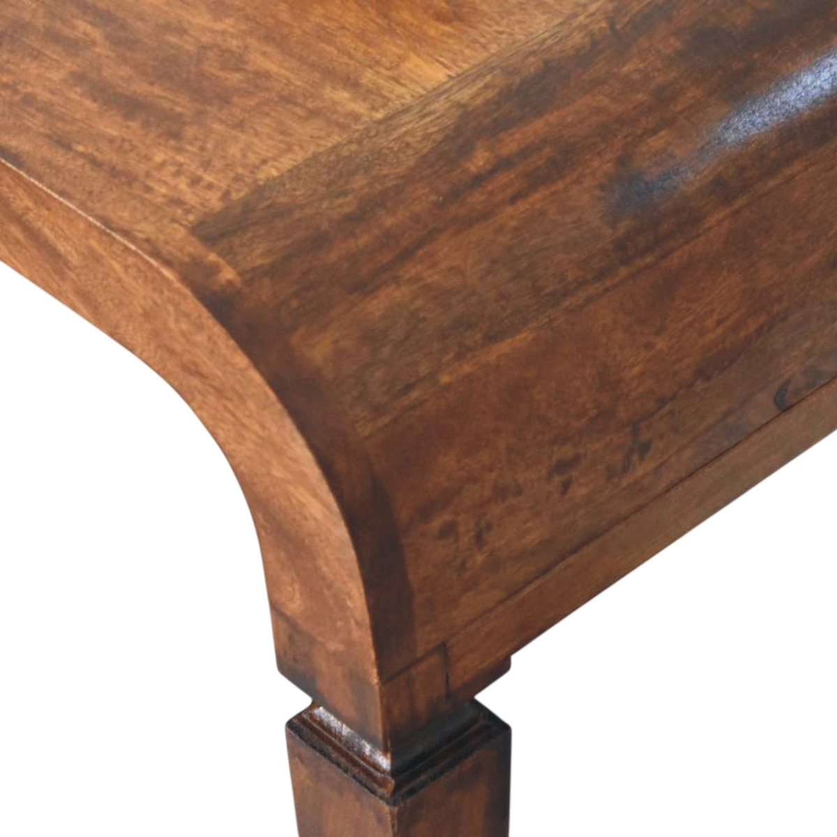 Close view of the edge on the Marlow Curved Console Table in Chestnut.