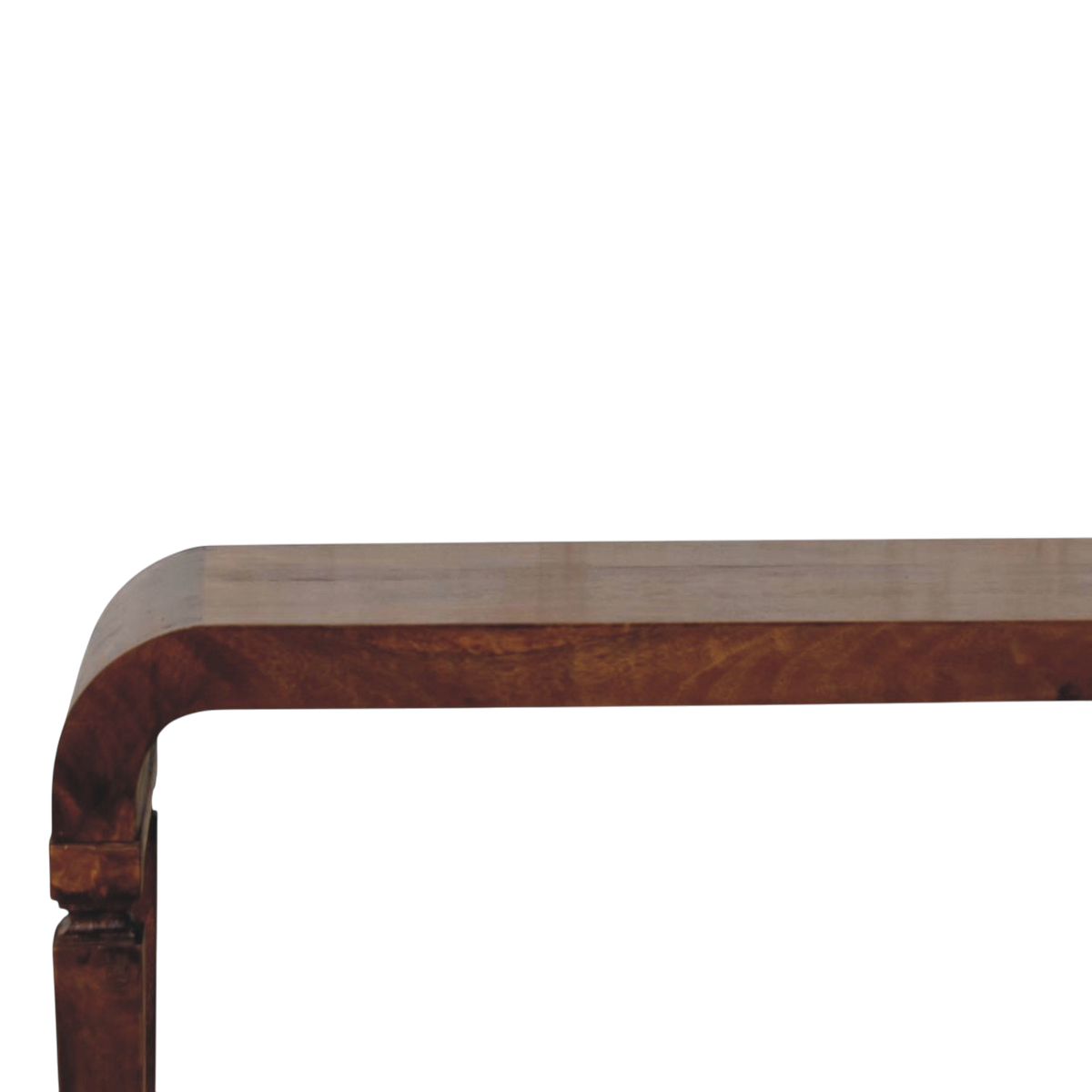Close view of the top on the Marlow Curved Console Table in Chestnut.