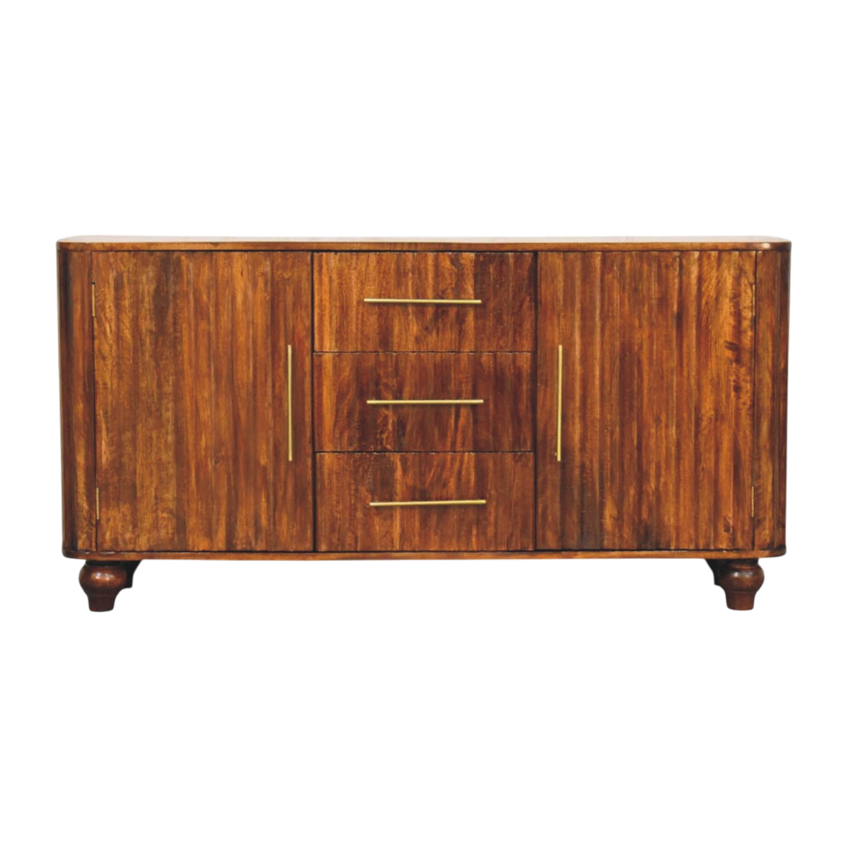 Marlow Curved Sideboard in Chestnut, front view. 100% solid hardwood in a deep chestnut finish, softly curved ends, three central drawers, two cupboards.
