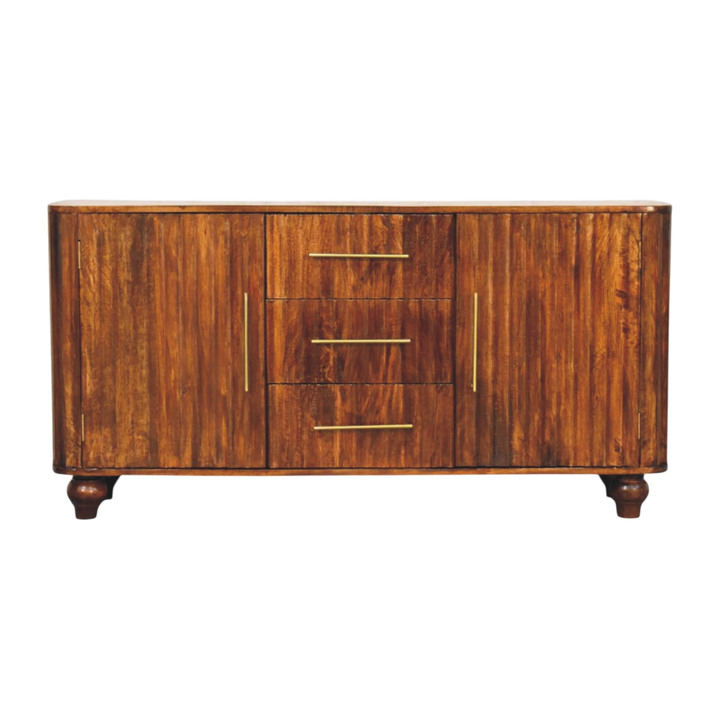 Marlow Curved Sideboard in Chestnut, front view. 100% solid hardwood in a deep chestnut finish, softly curved ends, three central drawers, two cupboards.