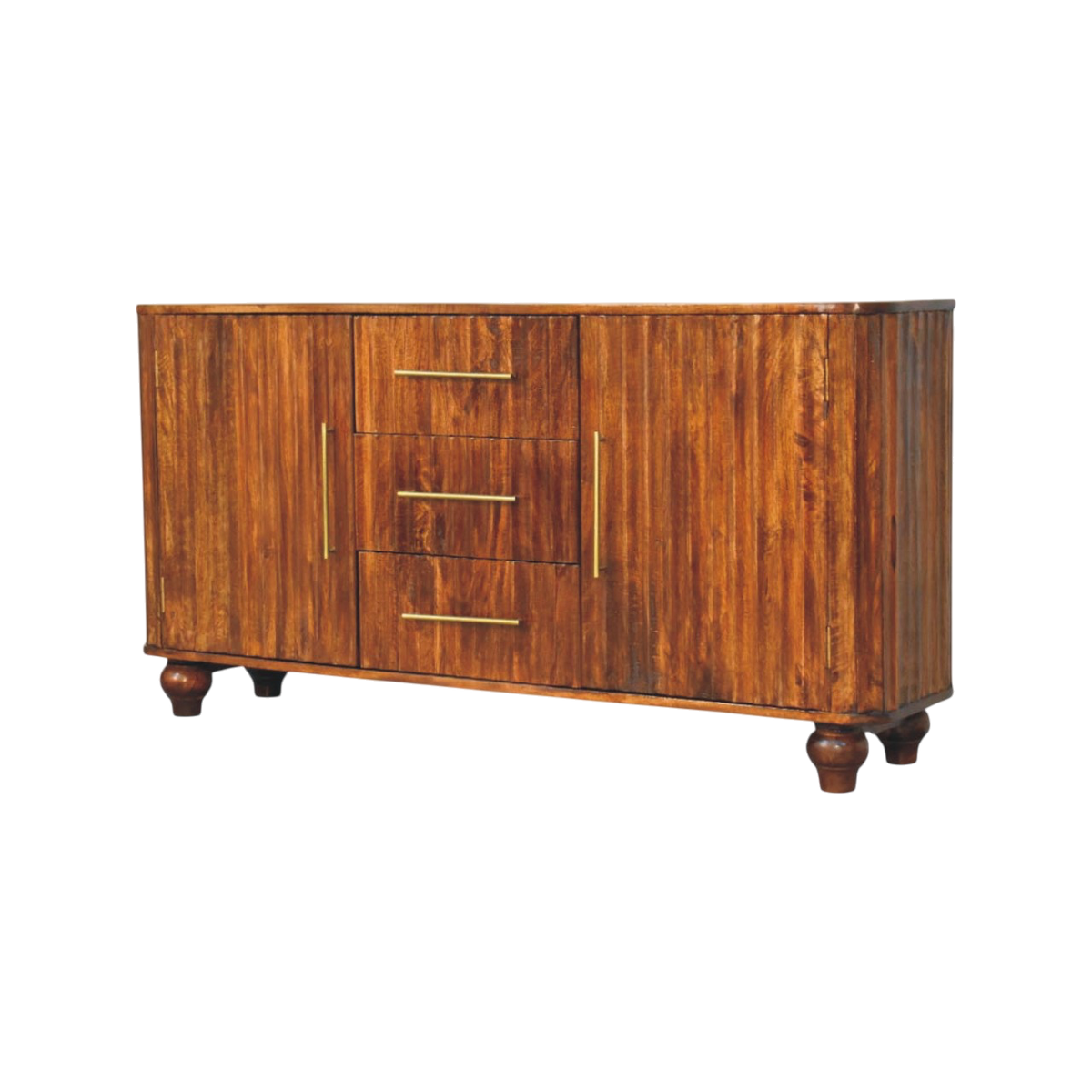 Marlow Curved Sideboard in Chestnut, three-quarter view showing the full profile.