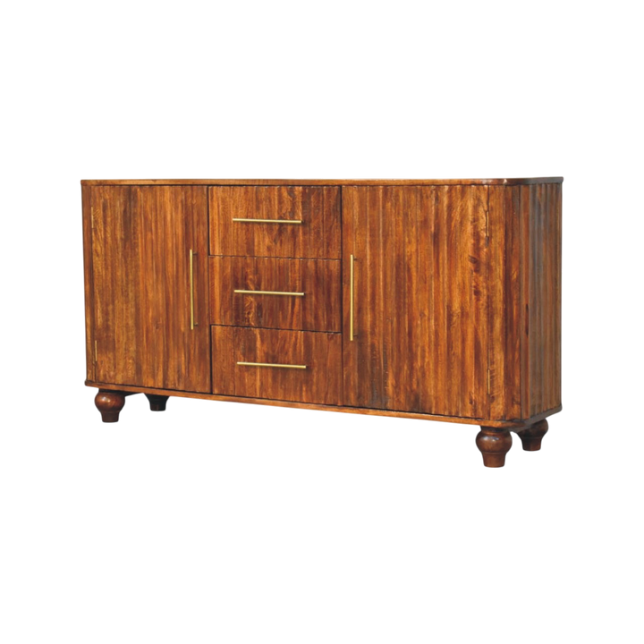 Marlow Curved Sideboard in Chestnut, three-quarter view showing the full profile.